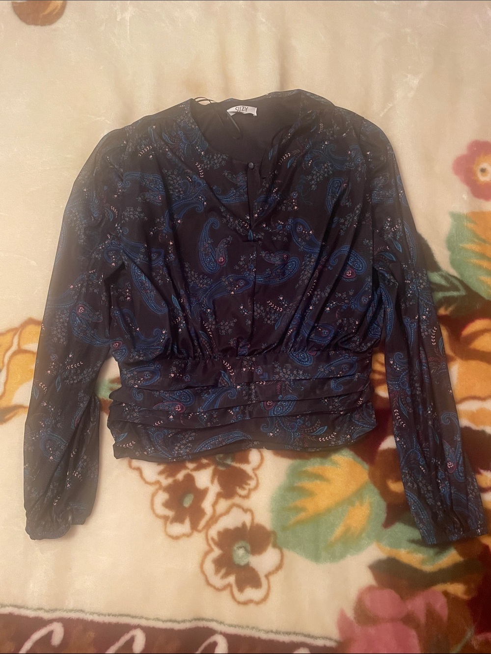 Suzy Shier Womens Navy Paisley Long-Sleeve Blouse Size XXL